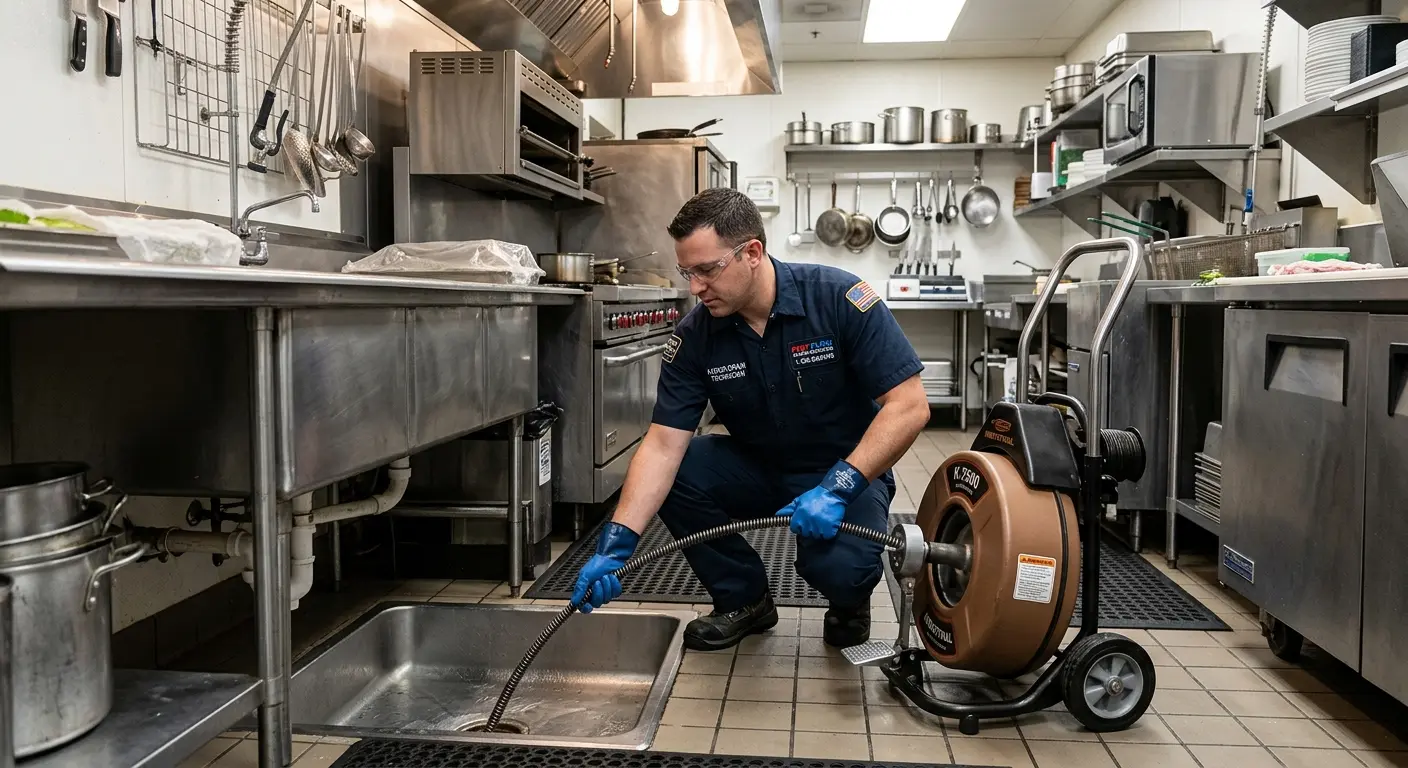 Commercial drain cleaning service in a restaurant kitchen in Santa Clarita