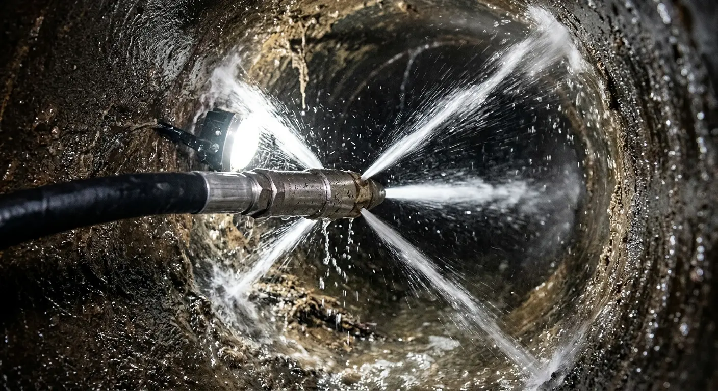 High-pressure hydro jetting nozzle cleaning sewer pipe for Sewer Cleanout in Santa Clarita