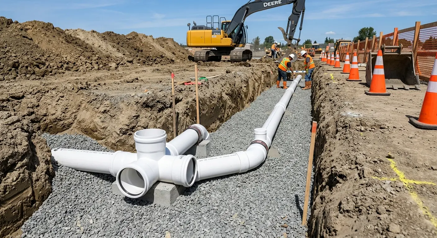 New PVC sewer pipe installation in open trench for Sewer Backup in Santa Clarita