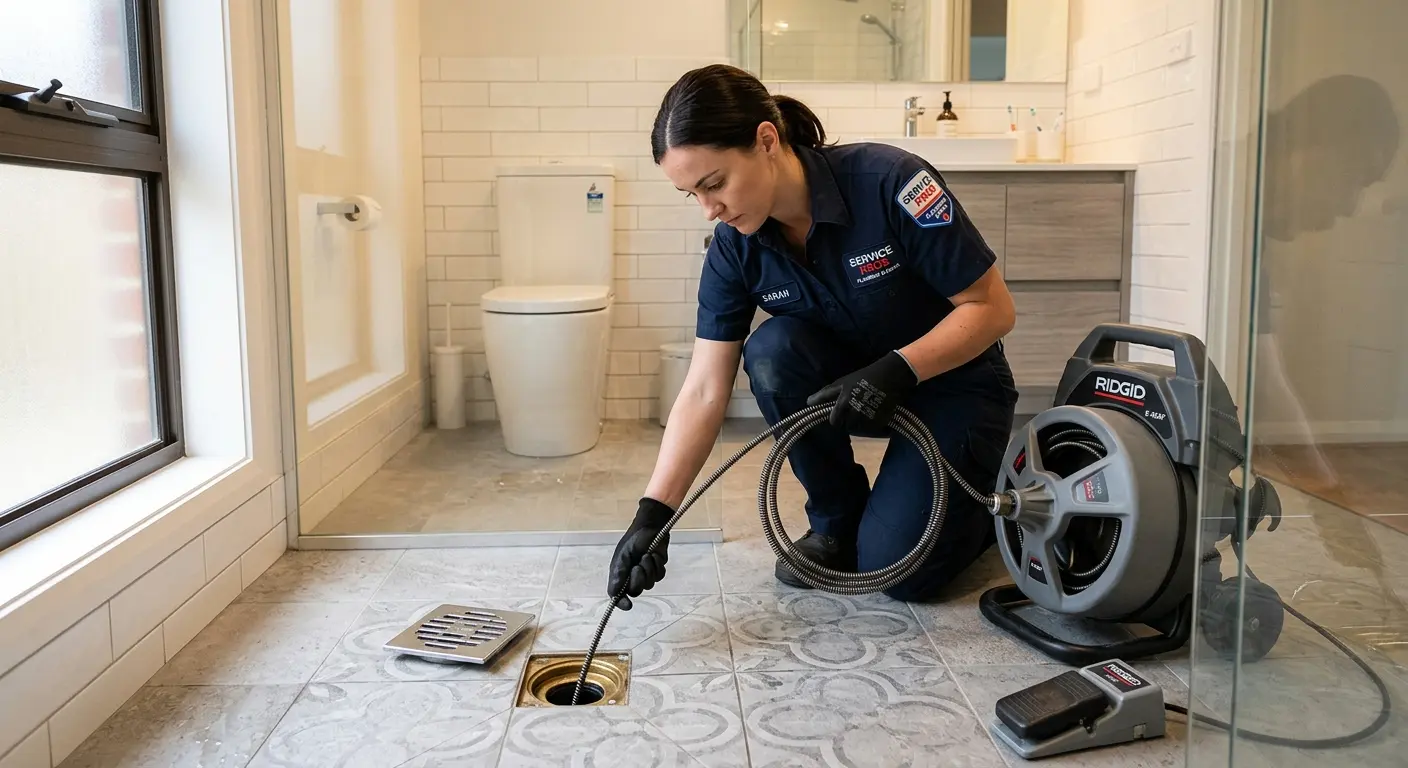 Technician clearing a bathroom floor drain for Sewer Line Replacement in Santa Clarita